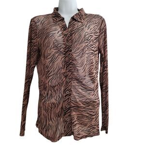Jane & Delancey Blouse Womens Medium Animal Print Button Up Sheer Shirt